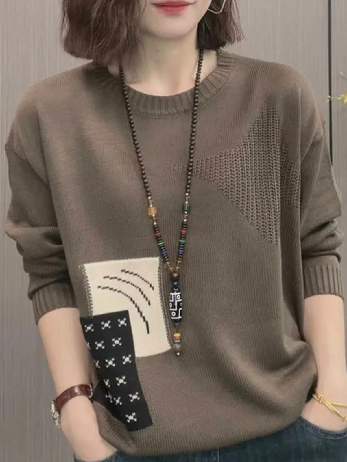 Loose O-Neck Contrast Color Women\'s Knitted Sweater Autumn Winter Fashion Vintage Patchwork Office Lady Casual Versatile Tops