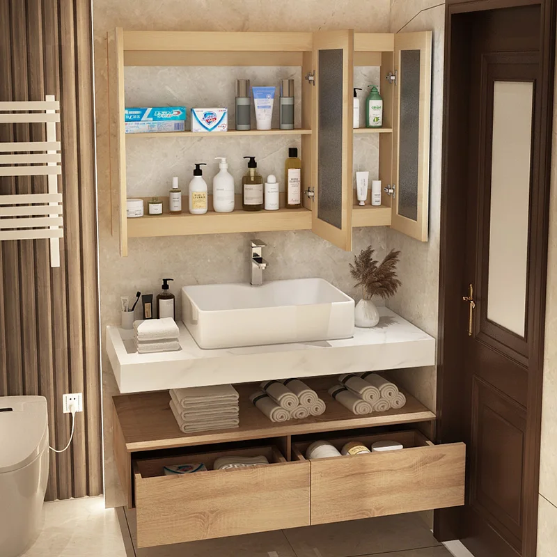 

Bathroom vanity Integrated Top Ceramic Basin Solid Wood Bathroom Cabinet Wash Hands Sink Intelligent Mirror Cabinet Combination