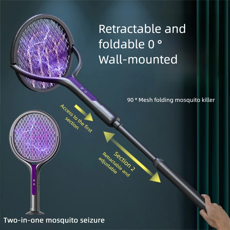 Mata-moscas elétrico com cabeça rotativa inteligente, 2800v, com alça de extensão, recarregável, usb, 5 camadas, proteção anti-mosquito
