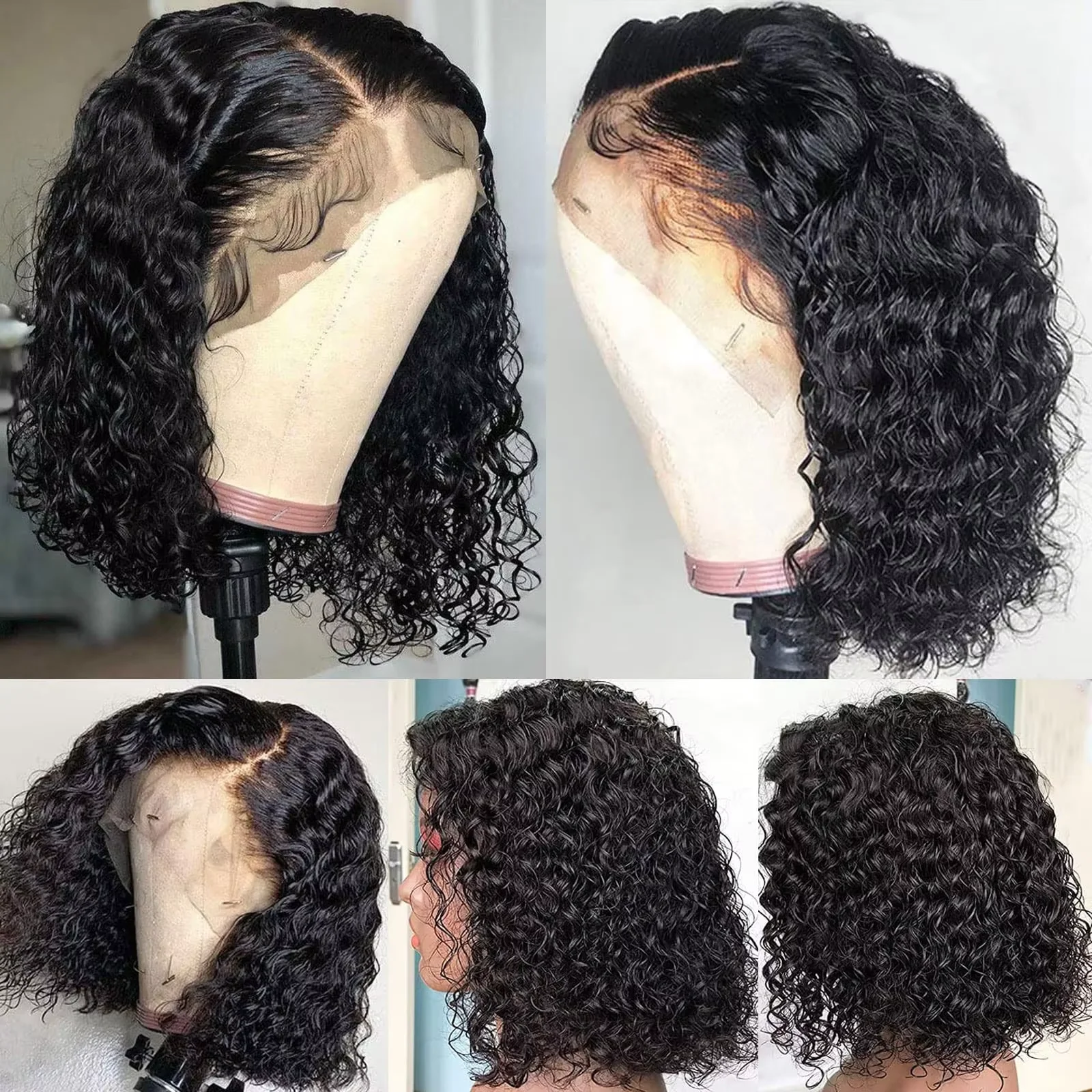 Mamushow-Peluca de cabello humano brasileño para mujeres negras, pelo corto y rizado con ondas profundas, malla Frontal 13x4, 200% de densidad