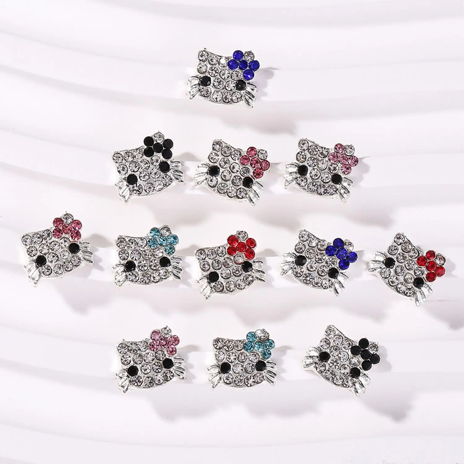 36pcs Rhinestone 3D Hello Kitty Nail Charms Kawaii Metal Sparkling Crystal Kitty Nail Decoration 6 Colors Diy Nail Accessories &