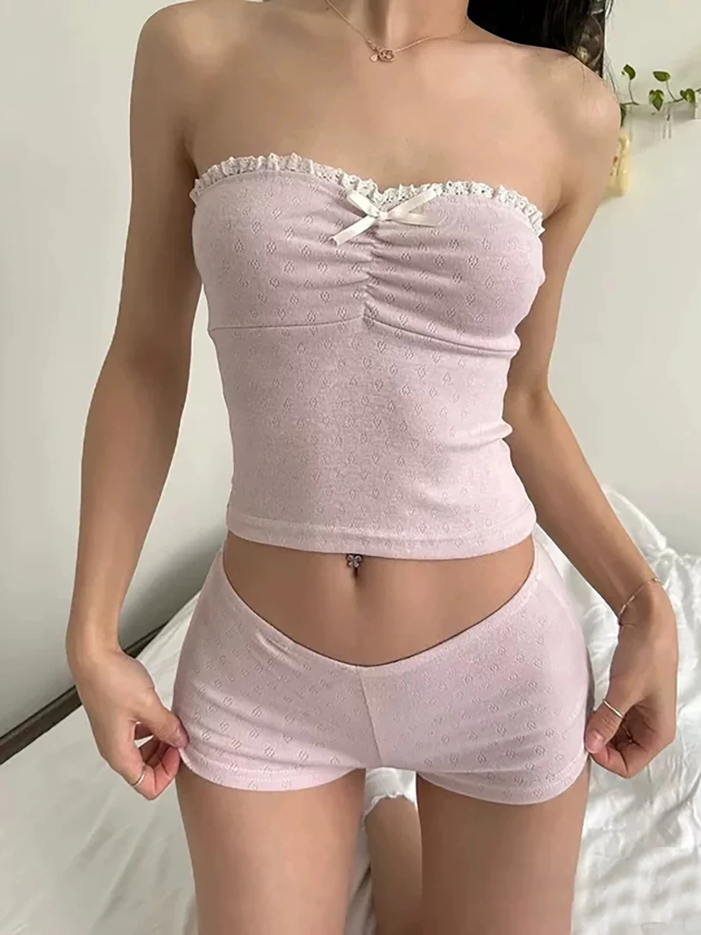 

Kliou Casual Comfortable 2 Piece Set Woman Lace Patchwork Bow Decoration Tube Tops+Solid Bike Shorts Daily Home Pajamas Outfits