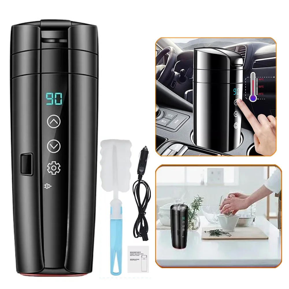 Taza calefactora portátil para coche de 12V, pantalla táctil de acero inoxidable de 400ml, pantalla Digital, botella calentadora de agua, termo, hervidor de agua para coche