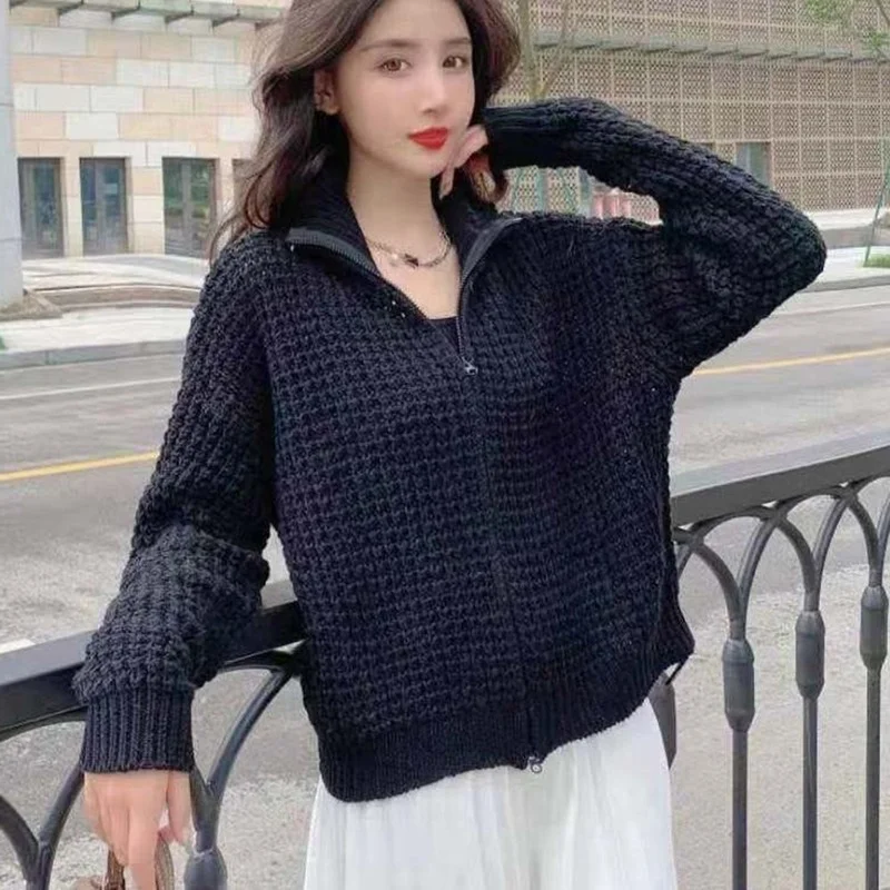 Generous Collar Zipper Mesh Knitted Cardigan Jacket for Fall Winter 2022 Korea Style Leisure Design Short Loose Sweater Cardigan