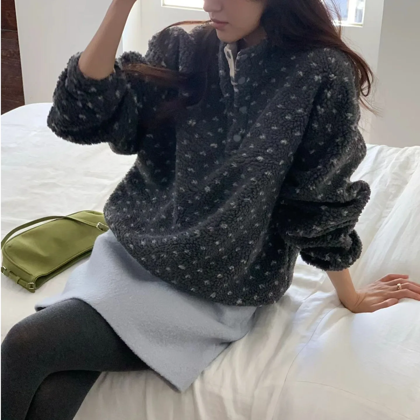 Autumn Winter Floral Lamb Fur Jaet Women's Loose Warm Sli Outerwear Casual Sle Long Sve No Hood Faionable