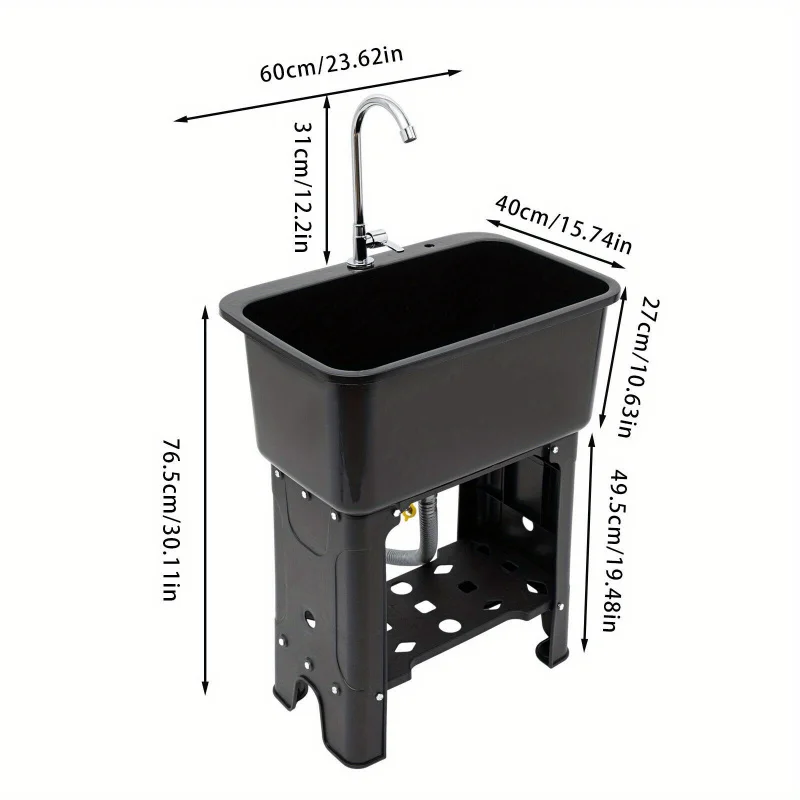 Modern Black Freestanding Utility Sink with 360° Swivel Faucet, Storage Shelf & Washboard - Perfect for Bathroom