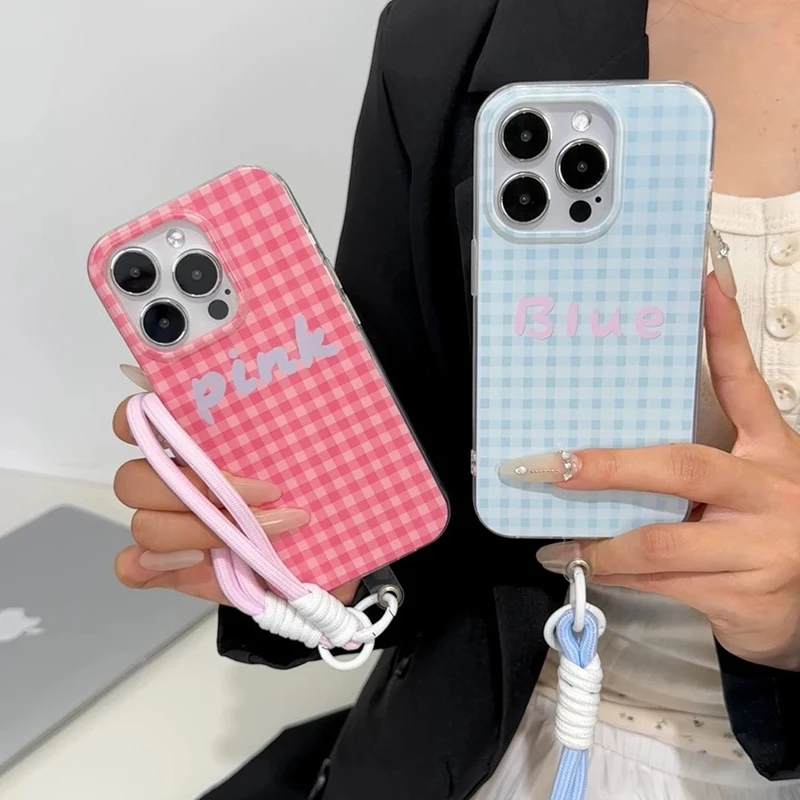 Sweet Blue Pink Plaid Lanyard Clear Soft Case For OPPO A58 A3 A16 A60 A3X A38 A15 A54 A17 A5s A7 A18 A57 A12 A52 Reno 12 11 12F
