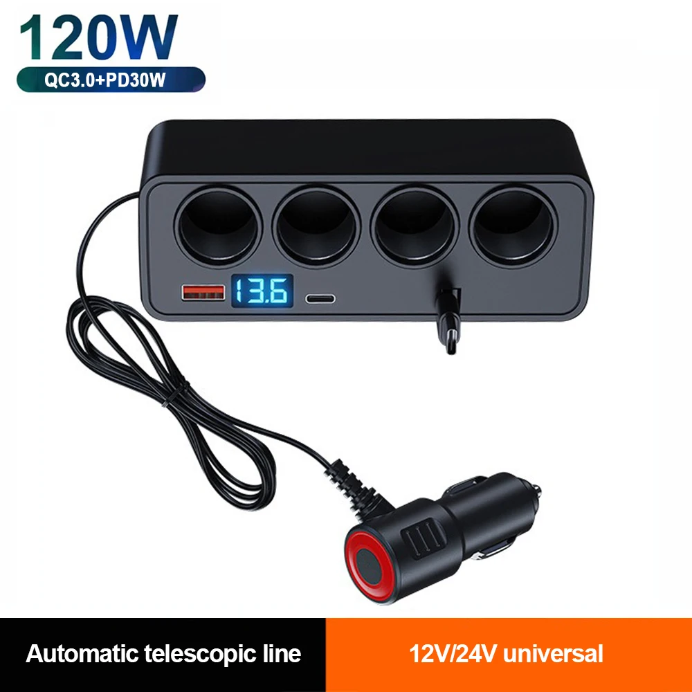 

Автомобильный адаптер прикуривателя 120 Вт QC3.0 + PD30 Вт, быстрая зарядка с выдвижным кабелем, дисплей напряжения, автомобильное USB-зарядное устройство 12 В/24 В