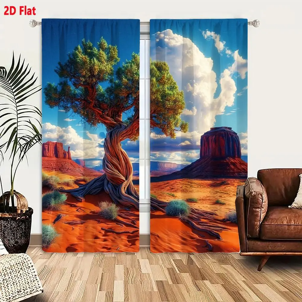 2Pcs Curtains 2D Flat Surreal Desert Landscape With Ancient Spiral Tree And Red Rock Formations Under Blue Sky Window Drapes for