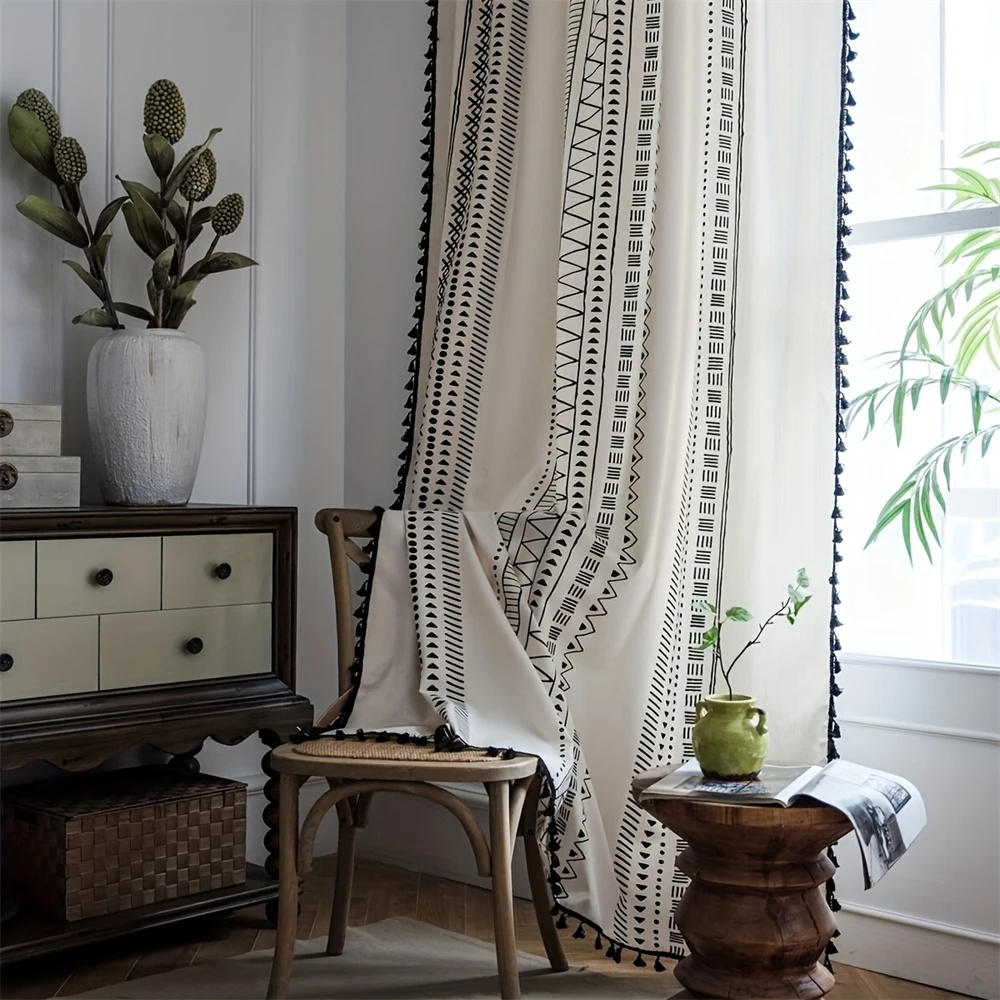 Bohemian Curtains With Linen Textured Striped Patterns Are Used For Room Curtain Panels And Living Room Fringe Printed Curtains