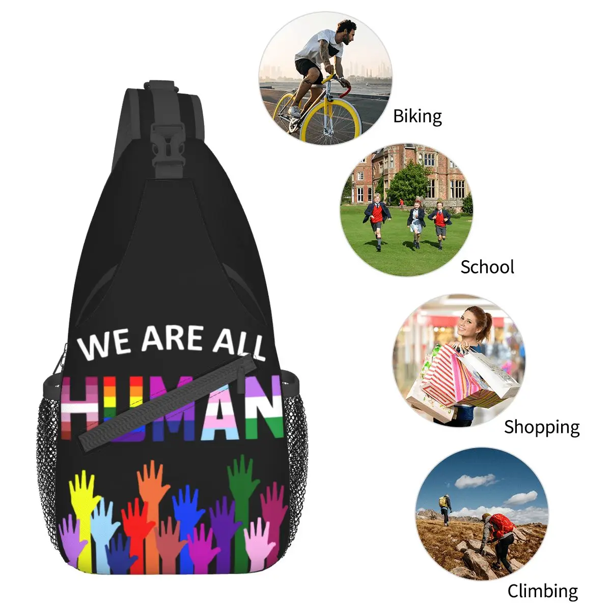 Mochila de hombro cruzada para el pecho, morral de deportes al aire libre, mochilas escolares con patrón humano, LGBT