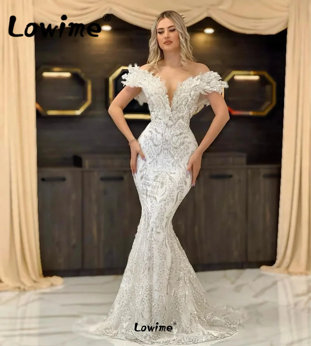 Ivory Tiered Off Shoulder Party Dresses For Weddings Arabic Long Celebrity Dresses Prom Dress Mermaid Beaded Sequin Evening Gown