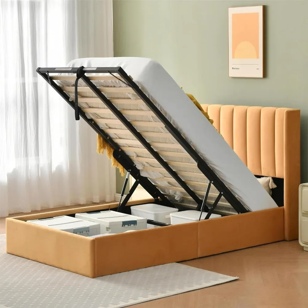 

Гидравлическая кровать большого размера, кровати с мягкой платформой, современное изголовье кровати с крыльями, бархатная ткань