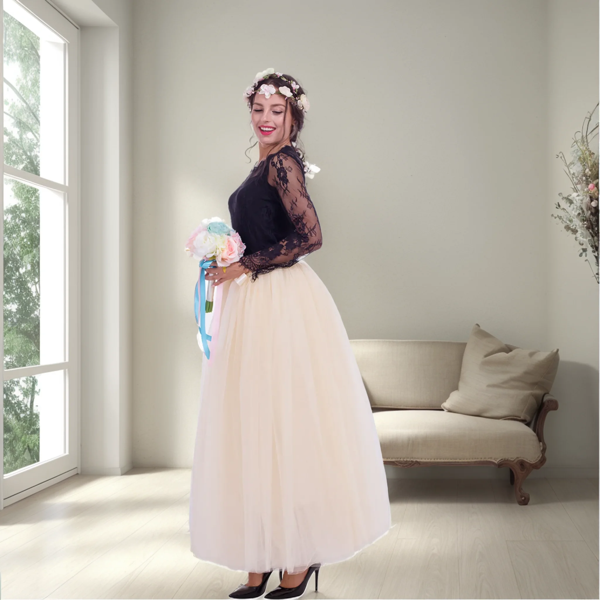 Maxi Tulle Tutu Skirts Fluffy 7 Layers Soft Net Elastic Waist Fairy Skirt With Ribbon Sashes A-Line 100cm Dance Skirts Petticoat