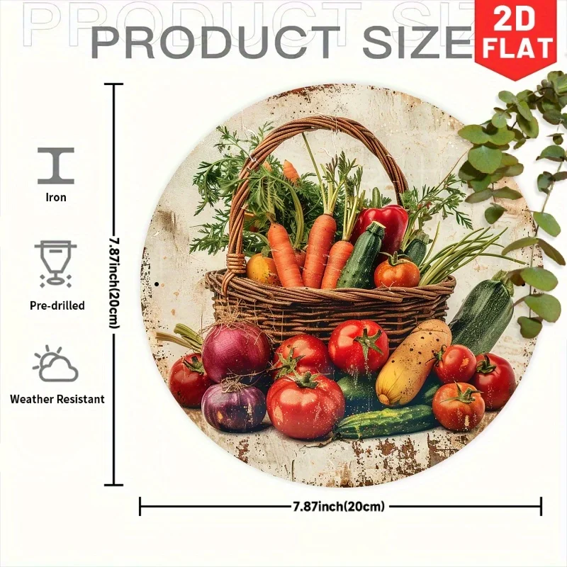 2D Flat, 1pc Rustic Farmhouse Iron Metal Wall Sign - 19.99 cm Round Vintage Vegetable Basket Art with Carrots, Tomatoes & Cucumb
