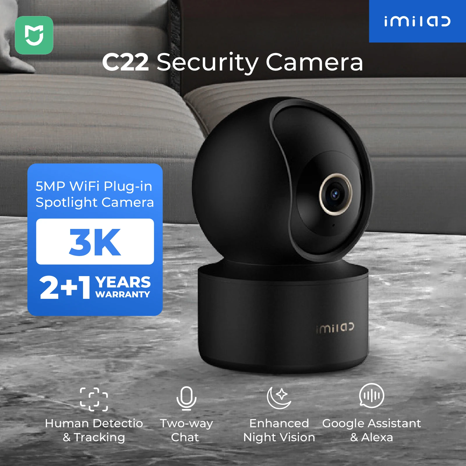 IMILAB C22 3K WiFi Camera Security AI Detection 3K Color Night Vision for Baby/Pet 2-Way Audio Wi-Fi 6 Powerful AI Algorithm