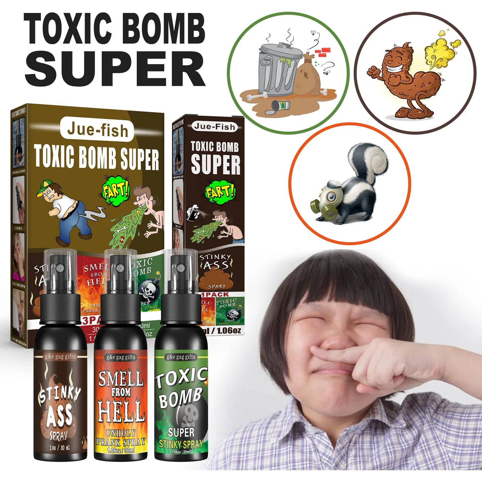 Jue-Fish smelly fart spray poop hell bomb smell April Fool\'s Day Halloween spoof liquid toy 3 pieces set