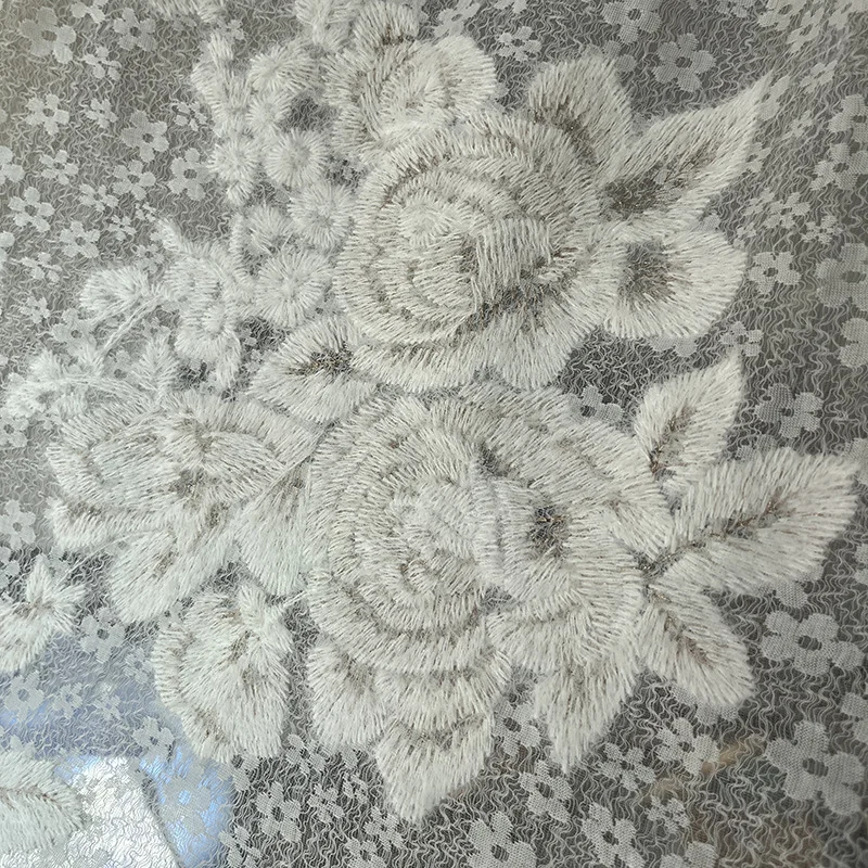 

Romantic lace floral large rose cotton thread embroidered jacquard mesh fabric used for wedding dress fashion designer material