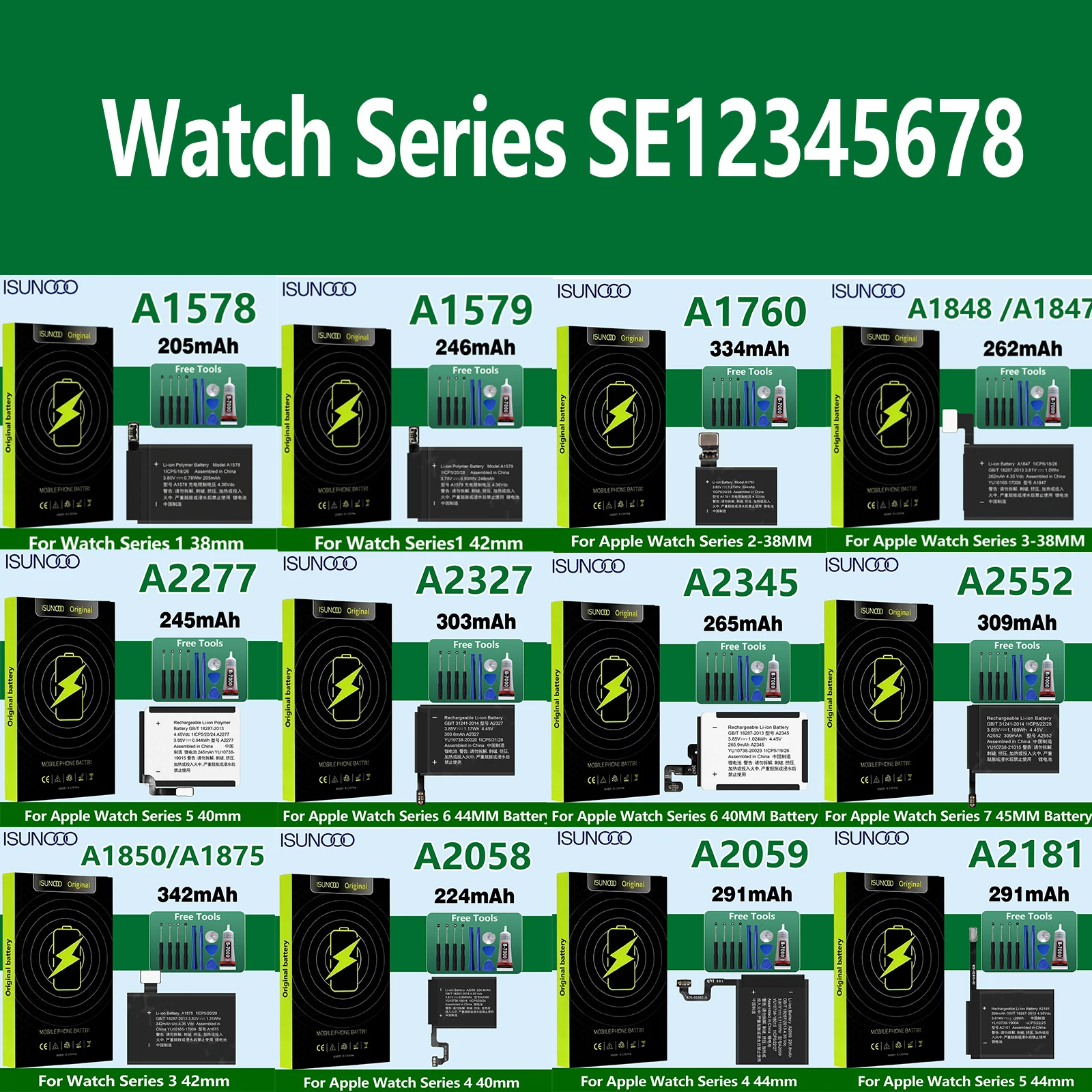ISUNOO Akku für Apple Watch Series SE 1 2 3 4 5 6 7 8 Batterie für iWatch S1 S2 S3 LTE S4 S5 S6 S7 S8 38/40/41/42/44/45/49mm
