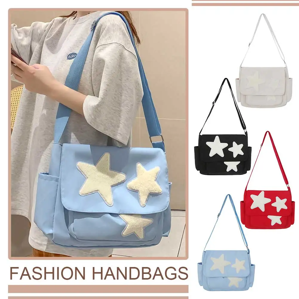 

Women Nylon Shoulder Bag with Side Pockets Y2K Star Messenger Bag Cute Hobo Bag Large Capacity for Outdoor Travel