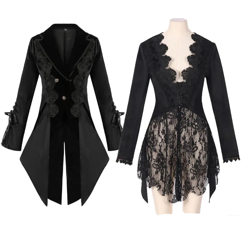 Women Gothic Tuexdo Lace Trim Slim Fit Black Medieval Coat Victorian Steampunk Tailcoat For Women Renaissance Pirate Jacket