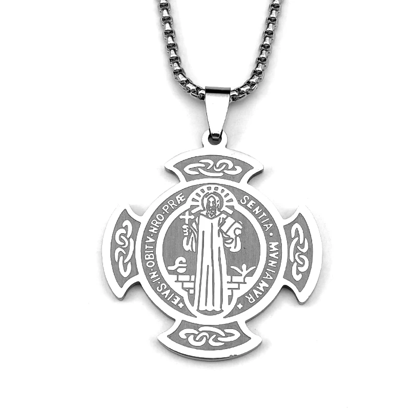 Catholic Saint Benedict Medal Stainless Steel Cross Necklace for Women Men Gold Color Chain Amulet Jewelry Gift san benito - view 5