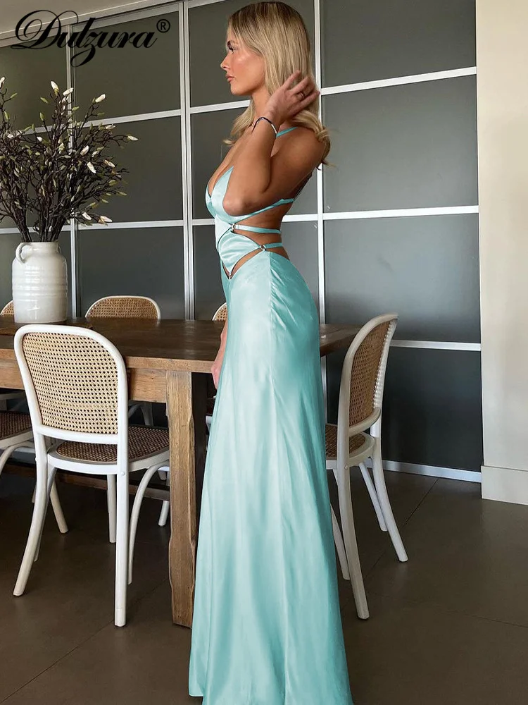 Dulzura-Vestido largo de satén con espalda descubierta y tirantes para mujer, traje liso sin mangas, sencillo y Sexy para fiesta y discoteca