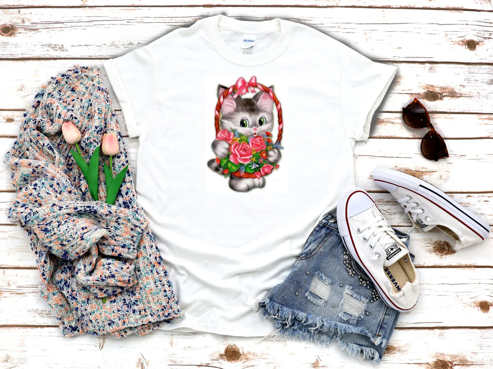 

Cute cat with basket T shirts White Women's 3/4 Short Sleeve T-Shirt K958