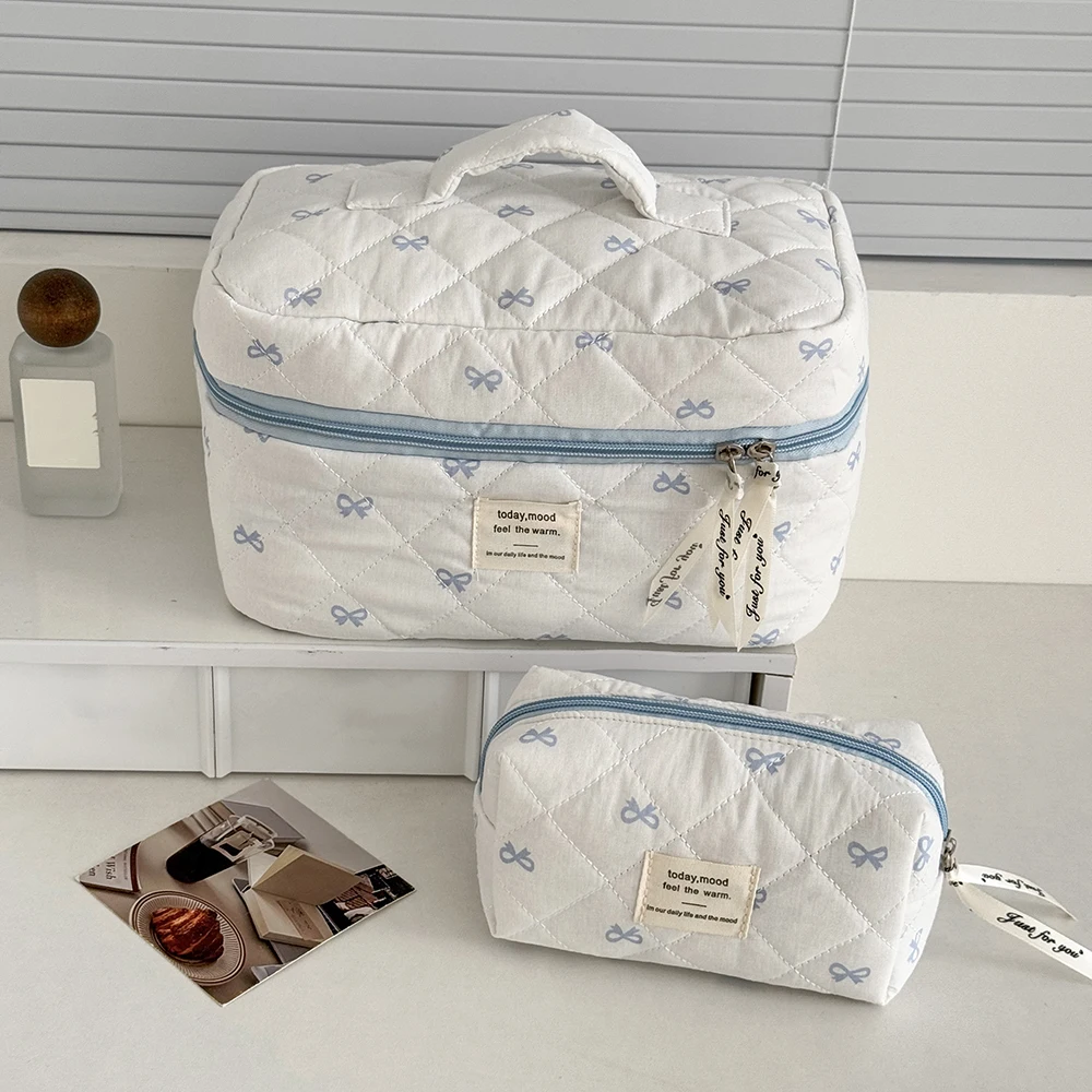 

Blue Bow Quilted Women Cosmetic Bag Sets Large Capacity Makeup Handbag Travel Pouch 3 Type Ladies Zipper Organizer for Bags