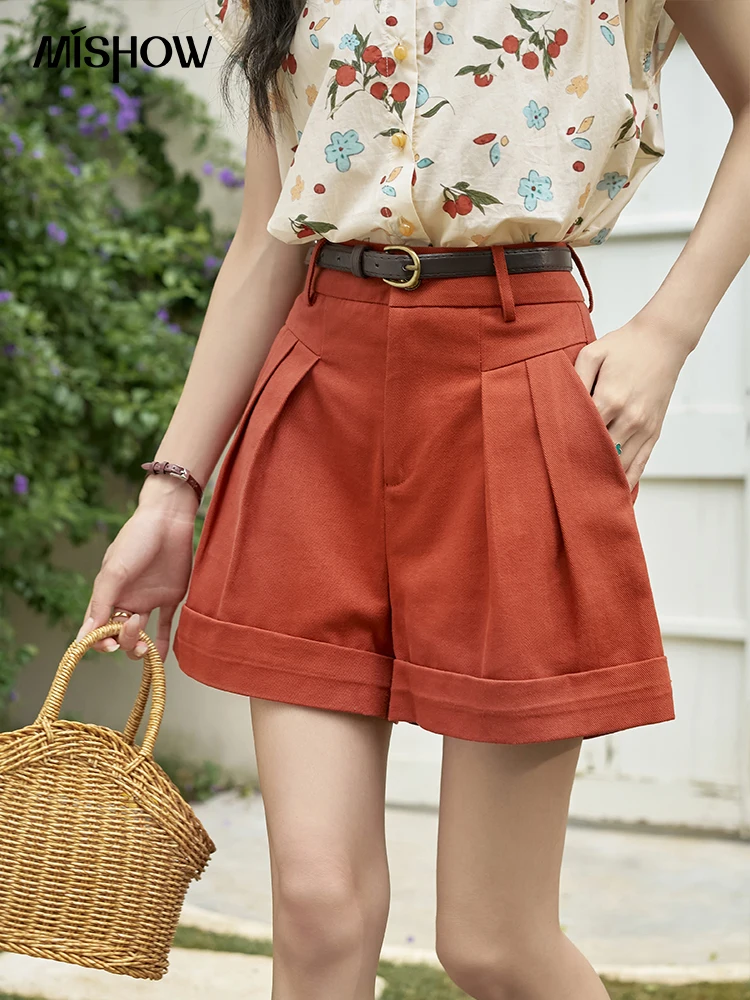 

MISHOW Hong Kong Retro Solid Casual Shorts 2024 Summer High Waist Curled Hem Short Pants Straight Wide Leg Pants MXD30K0658