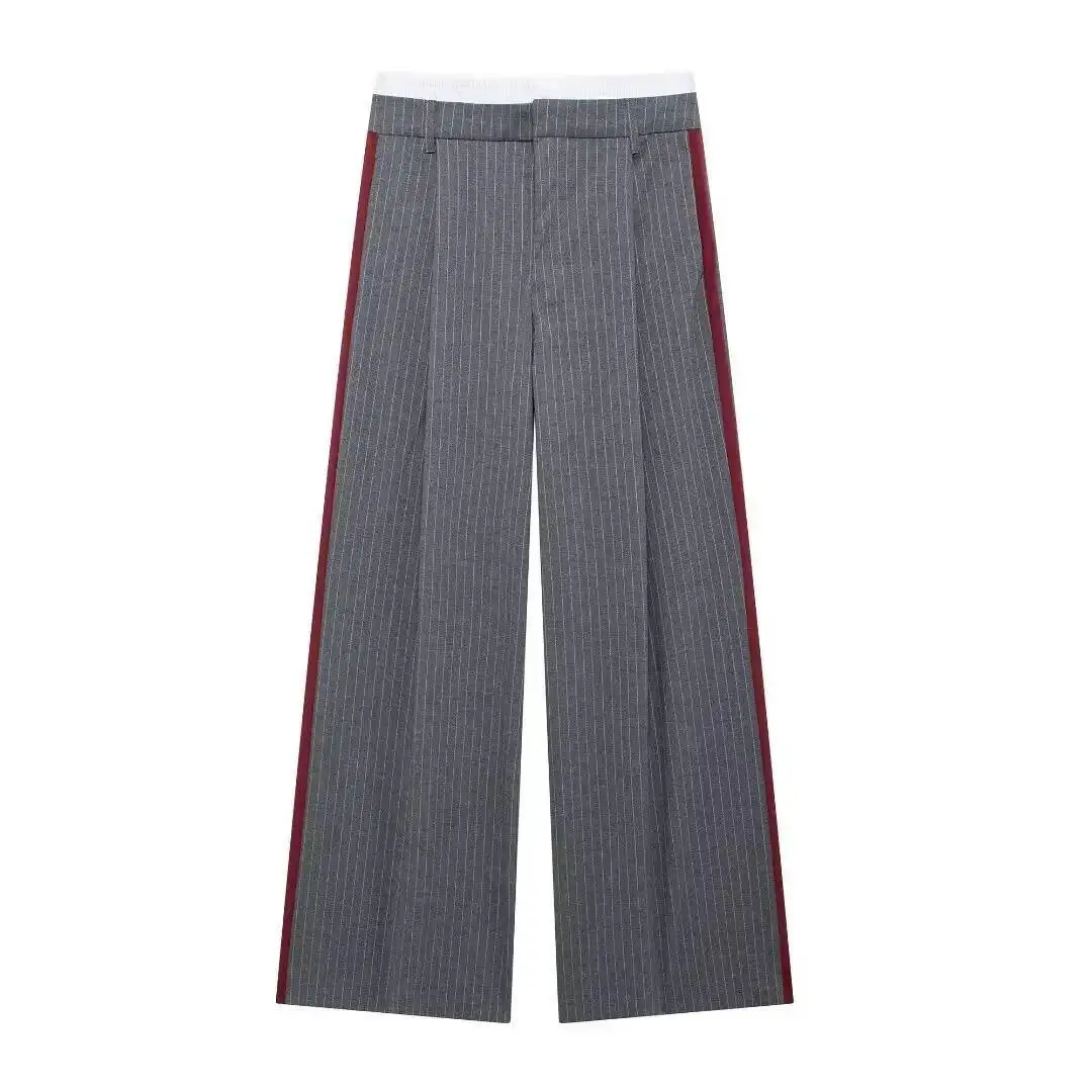 

Color Block High Waist Wide Leg Pants Women's Casual Striped Slimming Straight Floor Length Trousers Autumn 2025 Trendy