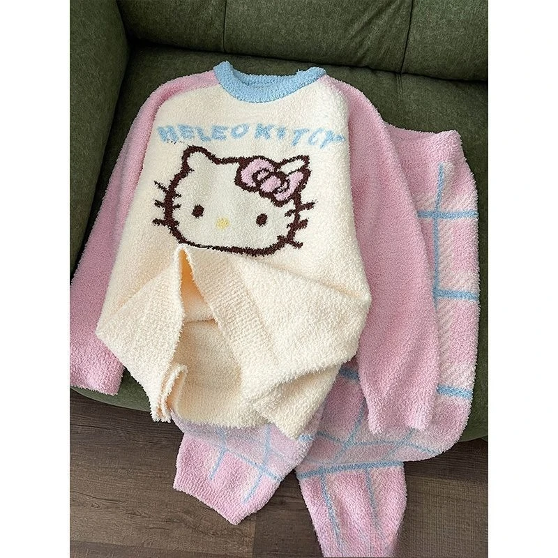 

Мультяшные пижамы Hello Kitty из вельвета для девочек: теплый утолщенный домашний костюм с длинными рукавами, свободный крой, большие размеры