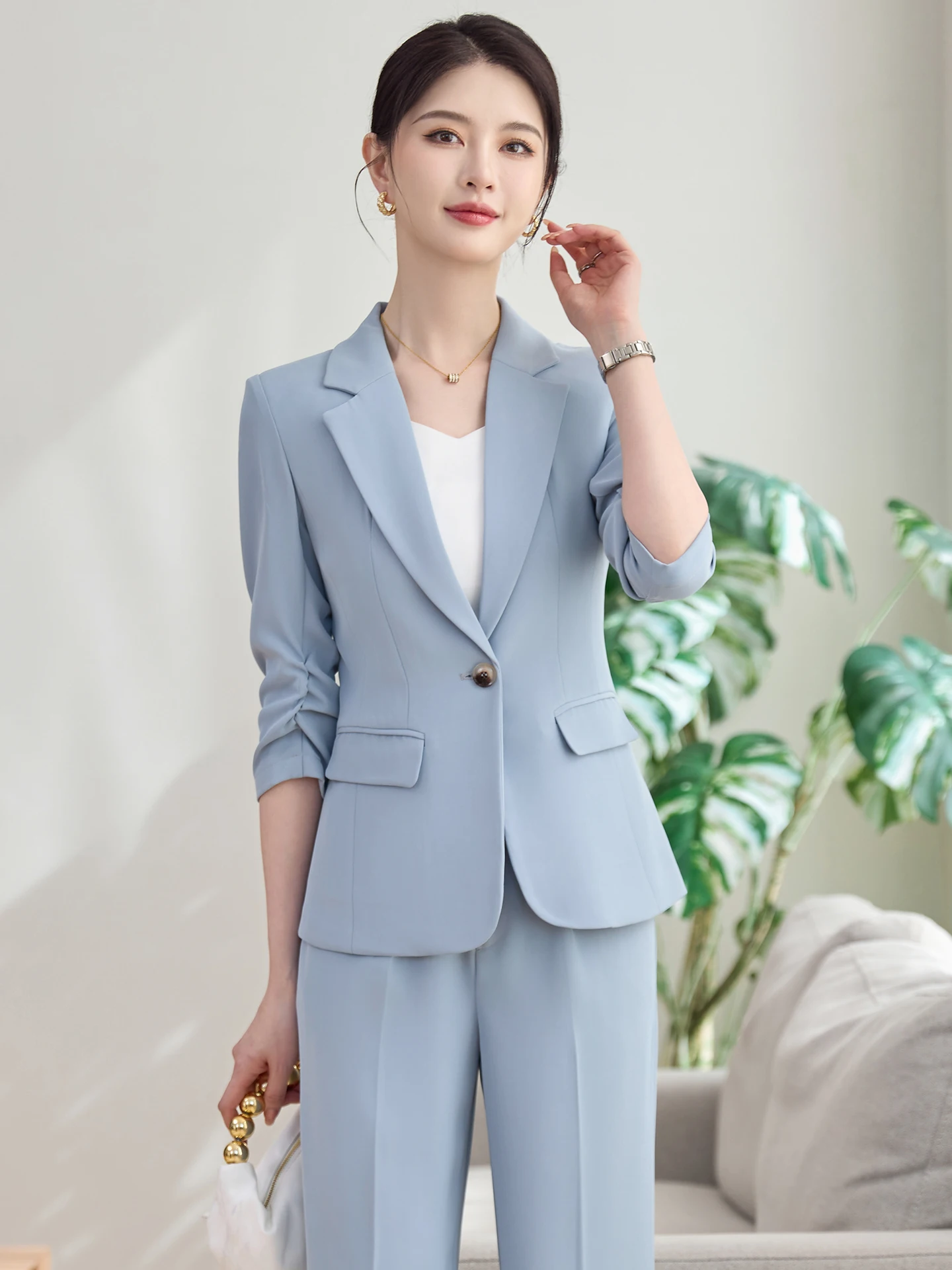 Slim Fit Blue Seven Sleeve Suit Jacket Women's Commute Workwear Waist Cinched Professional Style Spring 2026 New Arrival