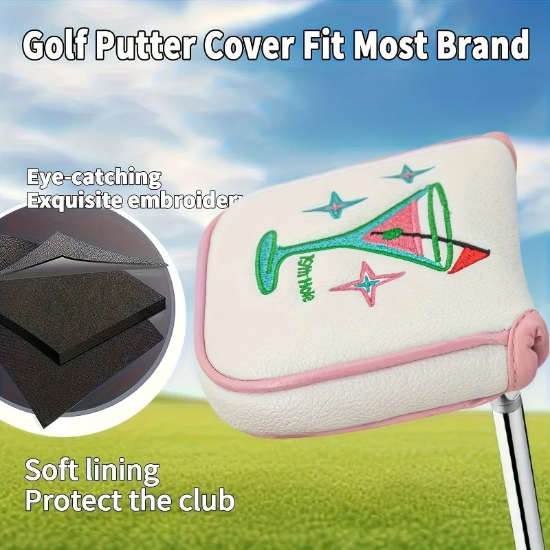 Capa de cabeça para taco de golfe com design de copo de pés altos, fecho magnético, combinação rosa branca elegante, material PU, capa de cabeça