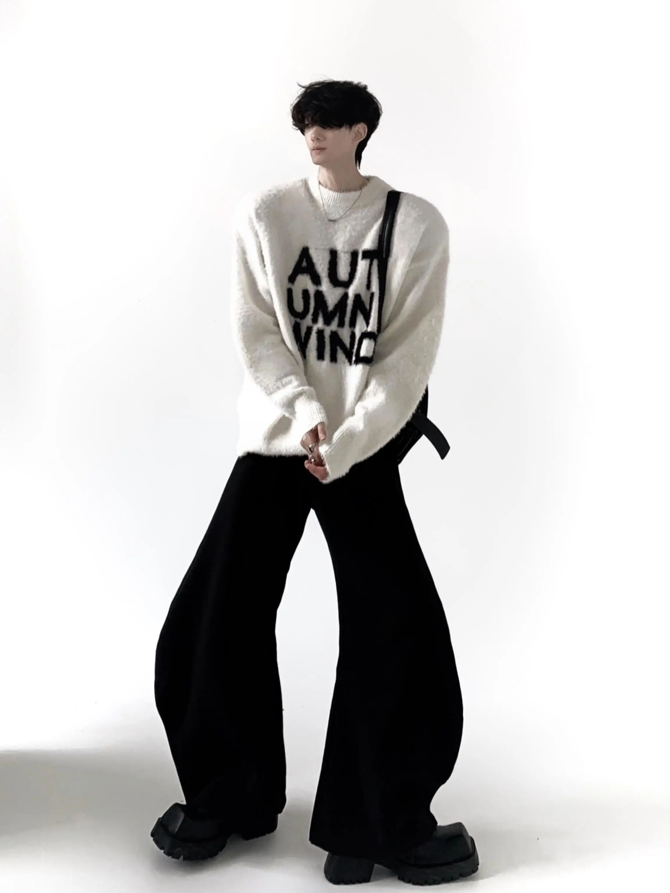 Autumn Mountain Wind Men's Knitted Sweater Letter Design  Fur Simulation round Neck Casual Winter Fashion Loose Fit