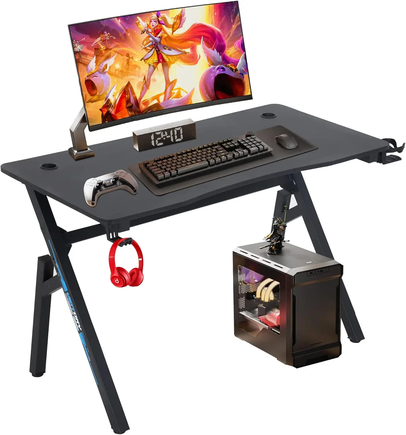 

47-Inch Gaming Desk with Carbon Fiber Texture, Cup Holder, Headphone Hook, and Adjustable Legs for Home Office