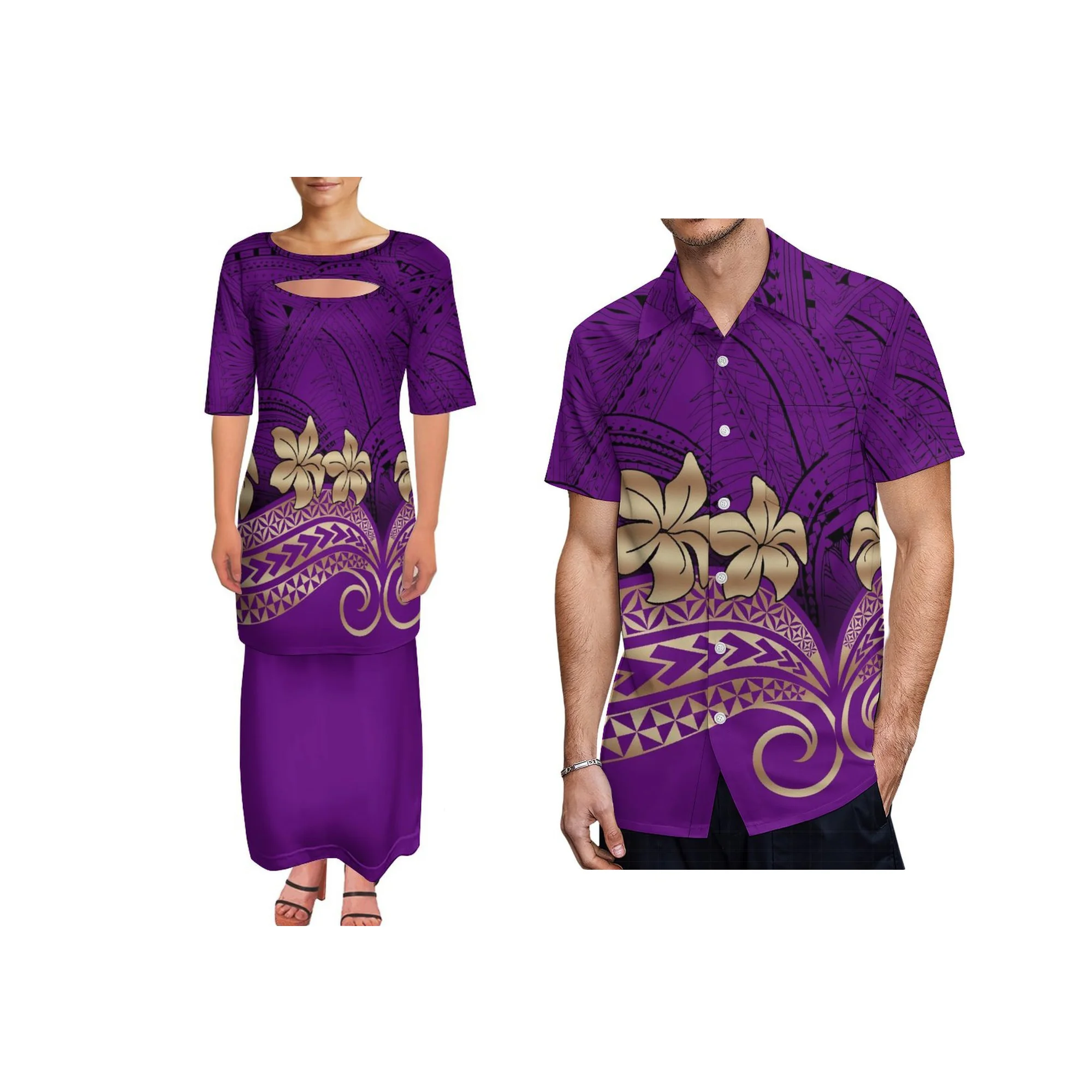 Plus Size Women Custom 2 Piece Outfit Polynesian Tribal Tattoo Puletasi Print Short Sleeve Top Long Skirt Set