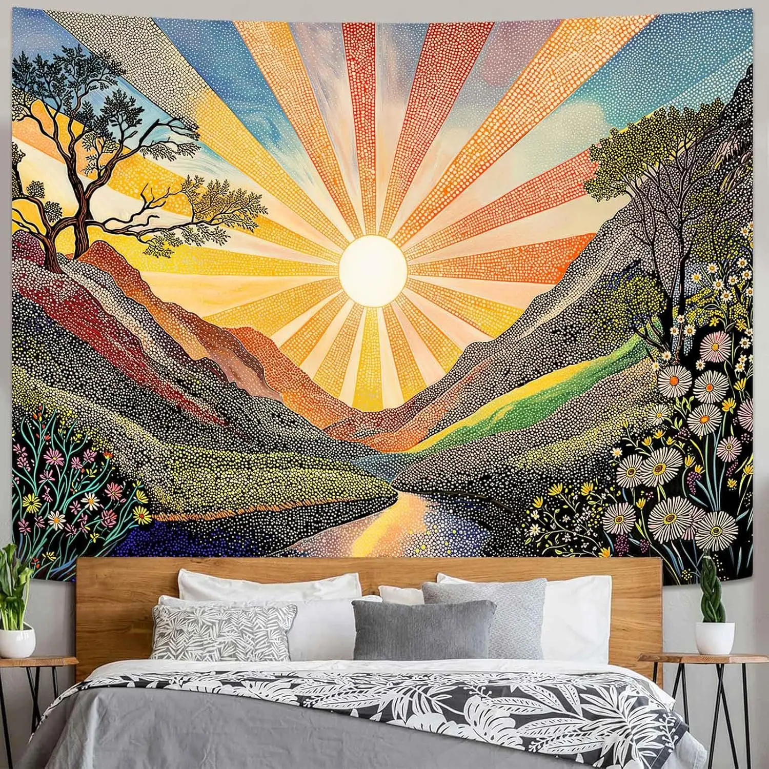 Sunburst Valley Tapestries Colorful Landscape Tapestries Mountain River Floral Wall Tapestry Bedroom Dormitory Living Room