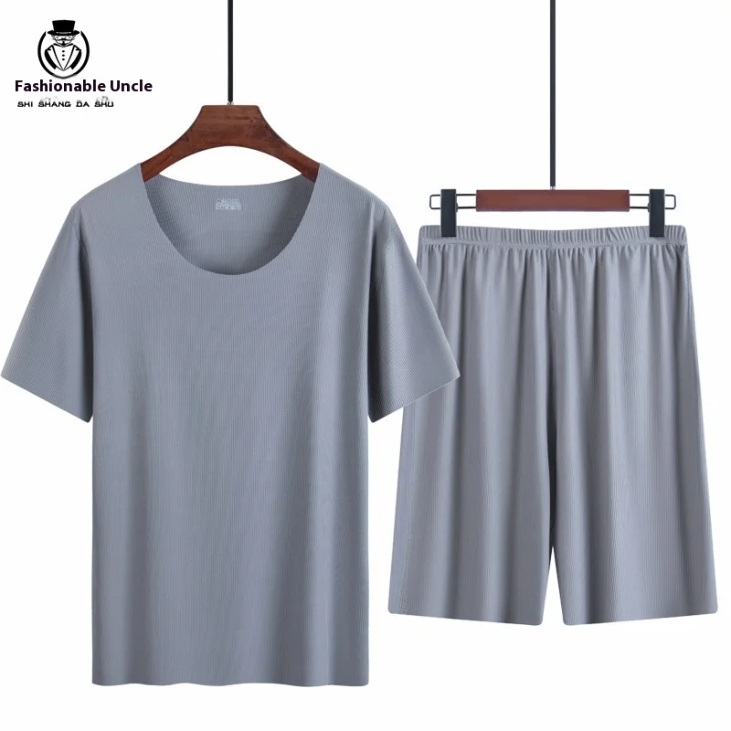 New Ice Silk Pyjamas Men's Summer Loungewear Set Modal Seamless Crew Neck Lightweight Short-Sleeved T-Shirt Summer Outfit