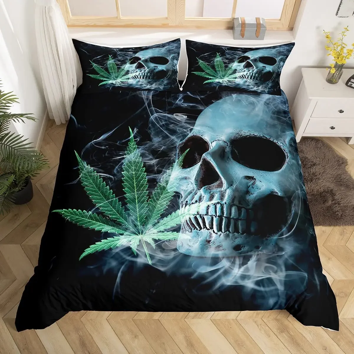 Marijuana Weed Leaf Boys Duvet Cover Set Skull Comforter Cover Set Green Cannabis Bedding Set Gothic Bones Bedspread Cover Sets