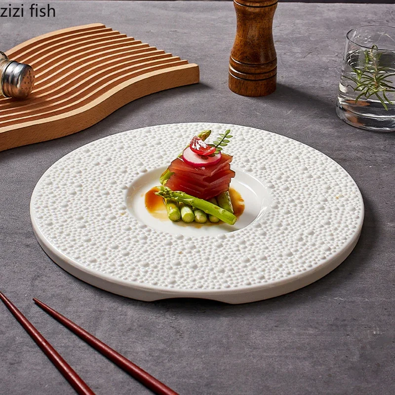 White Pearl Dot Ceramic Round Flat Plate Dessert Plate Sushi Plate Steak Plates Restaurant Molecular Cooking Creative Tableware