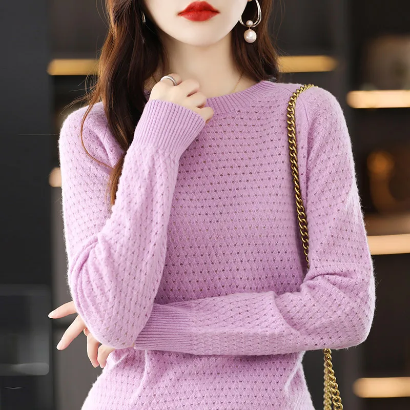 YSC2024 Women's Classic Pure Wool Seamless Round Neck Hollow Pullover Long Sleeve High Quality Warm Knitted Sweater