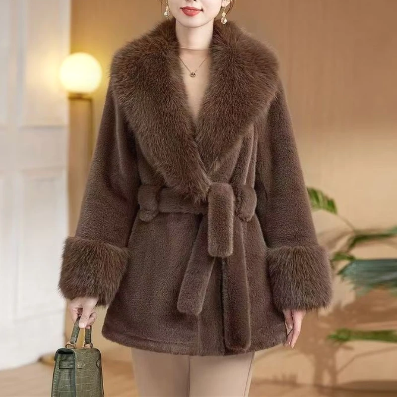 

Faux Fur Coats Women Mid Length Turn Down Collar Coat Thick Warm Jackets Y2k Streetwear Elegant Lace Up High Waist Outerwear