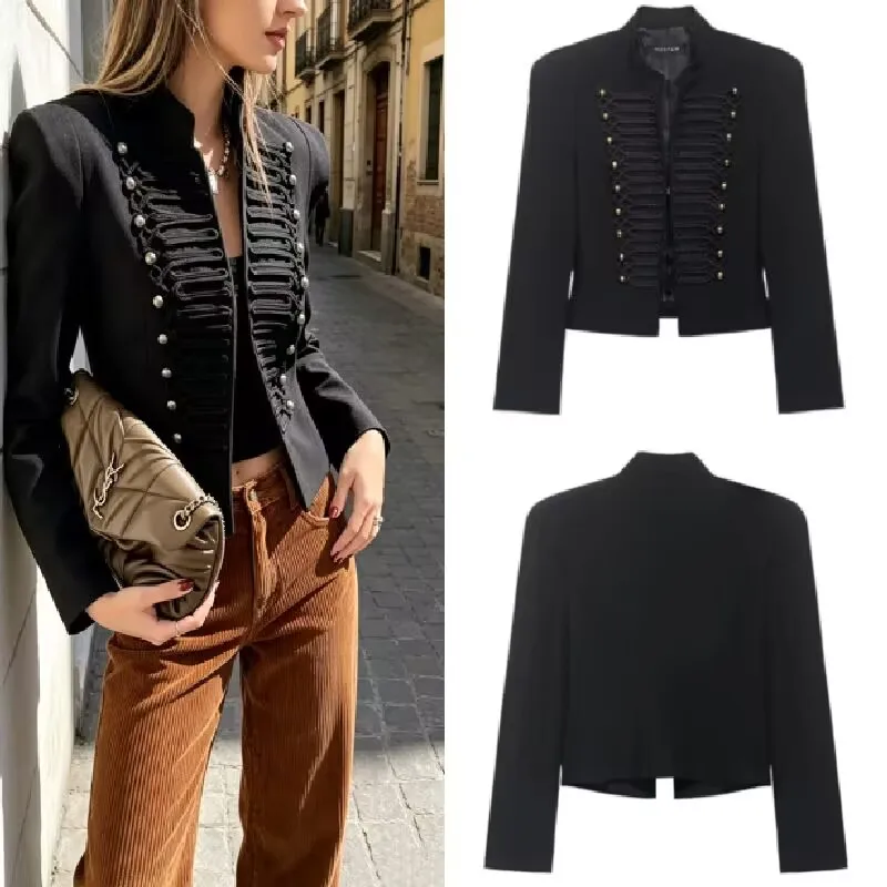 

Women‘s Black Cropped Jacket Stand Collar Long Sleeve Slim Coat Spring Highstreet Outerwear Fashion Single Breasted Blazer