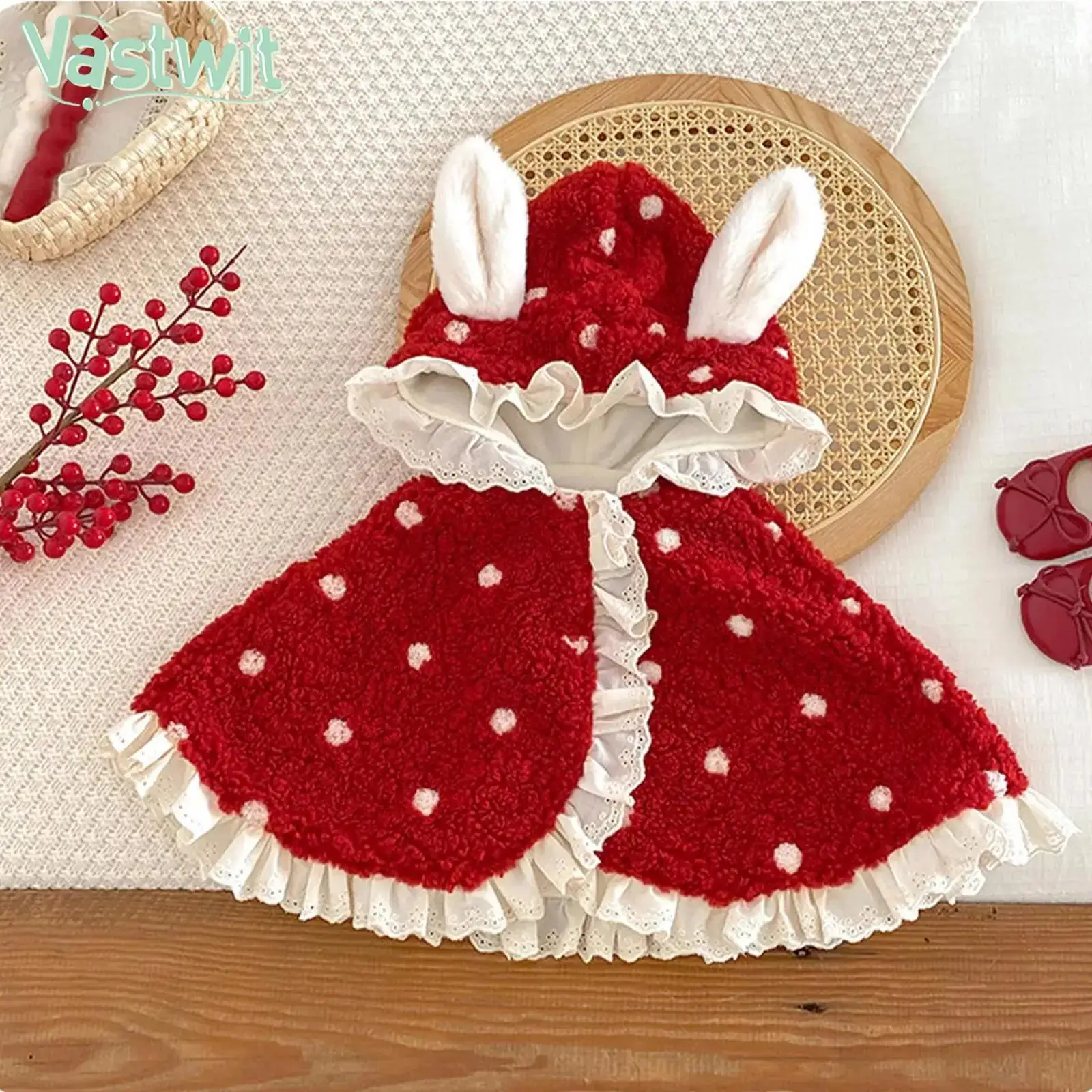 

Toddler Girls Christmas New Year Party Hooded Cloak Cute Elk Rabbit Fuzzy Fleece Thicken Winter Warm Cape Poncho Coat Outerwear