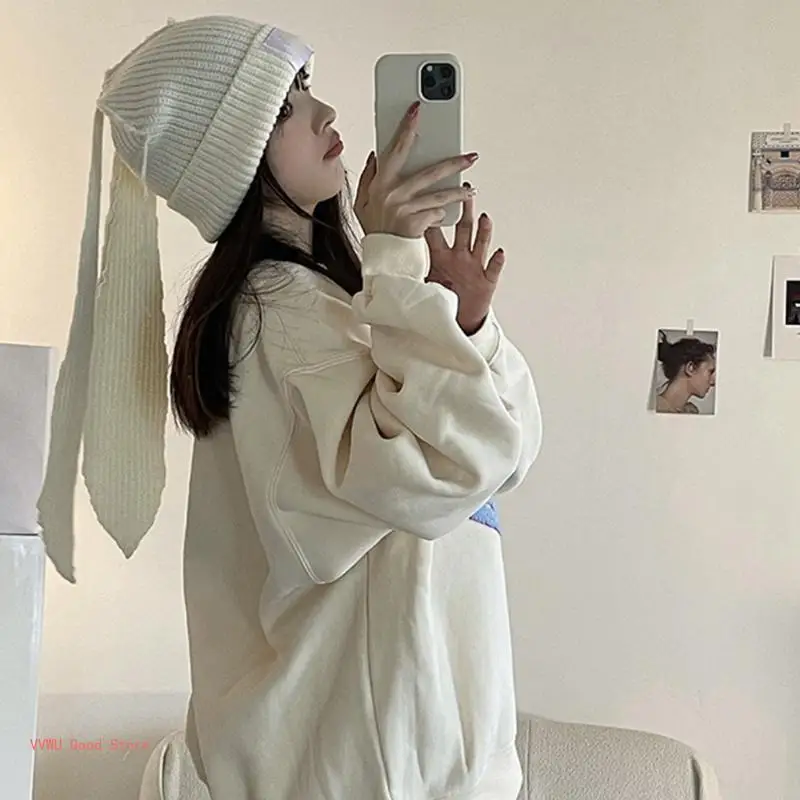 Draping Rabbit Ears Fur Hat Women Autumn Winter Knitted Hat Korean Version Hat