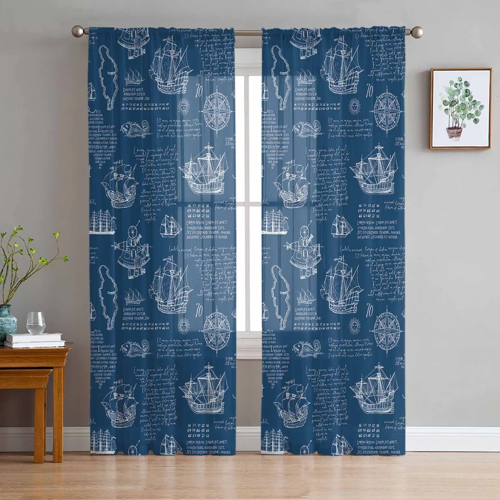 Navigation Ships Hand Drawn  The Sea Sheer Curtains for Living Room Bedroom Home Hotel Coffee Decor Chiffon Tulle Curtains