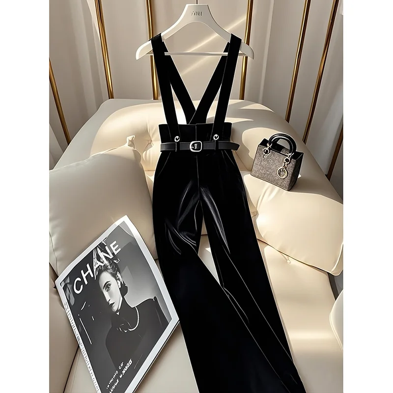 

Fashion Relaxed High Waist Casual Pants High Sense Black Velvet Strap Pants Women's Spring Autumn Temperament High Waist Pants