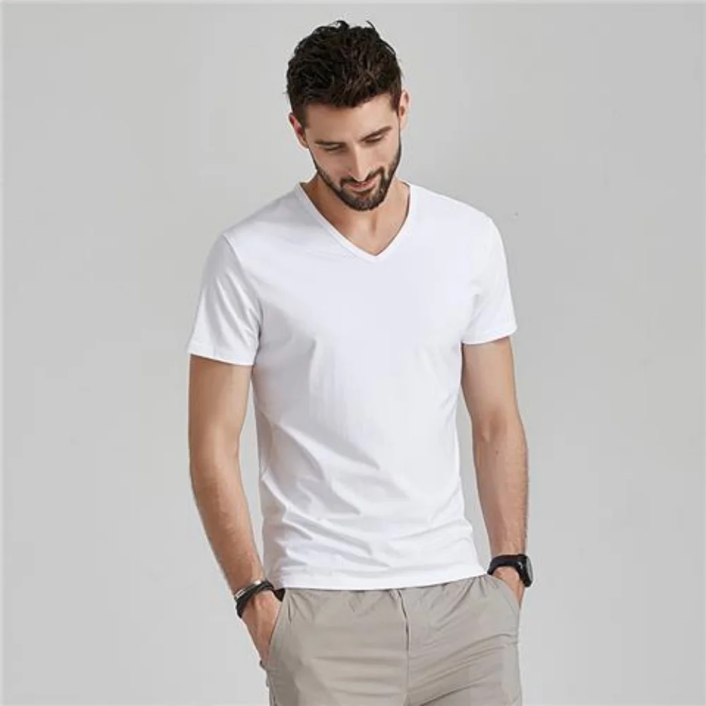 Summer Fashion Luxury Brand T-Shirts for Men with V-Neck Short Sleeves and Ice Silk Modal Fabric Gym Golf Clothing Men Tops