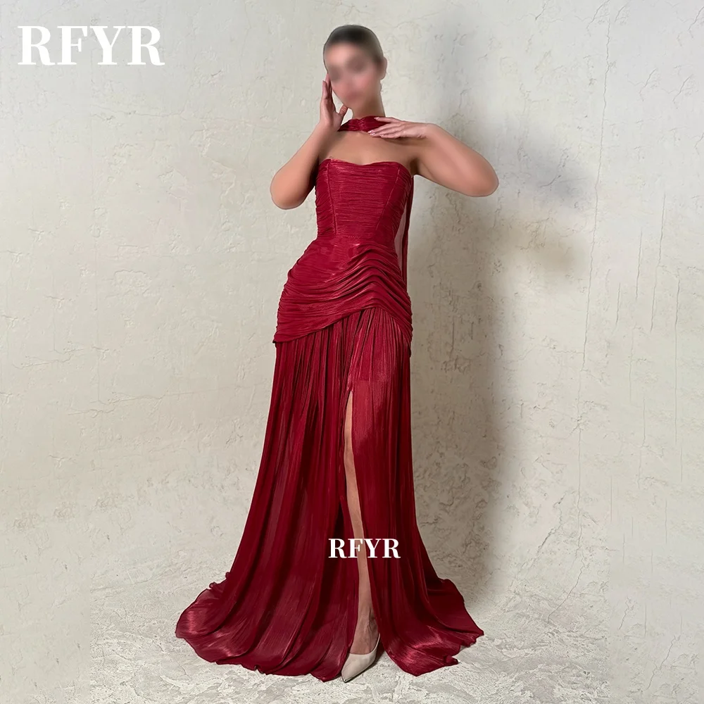 RFYR A Line Prom Dress with Pleats Party Dress with Scarf Side Slit Chiffon Evening Dress for Arabic Women Customized